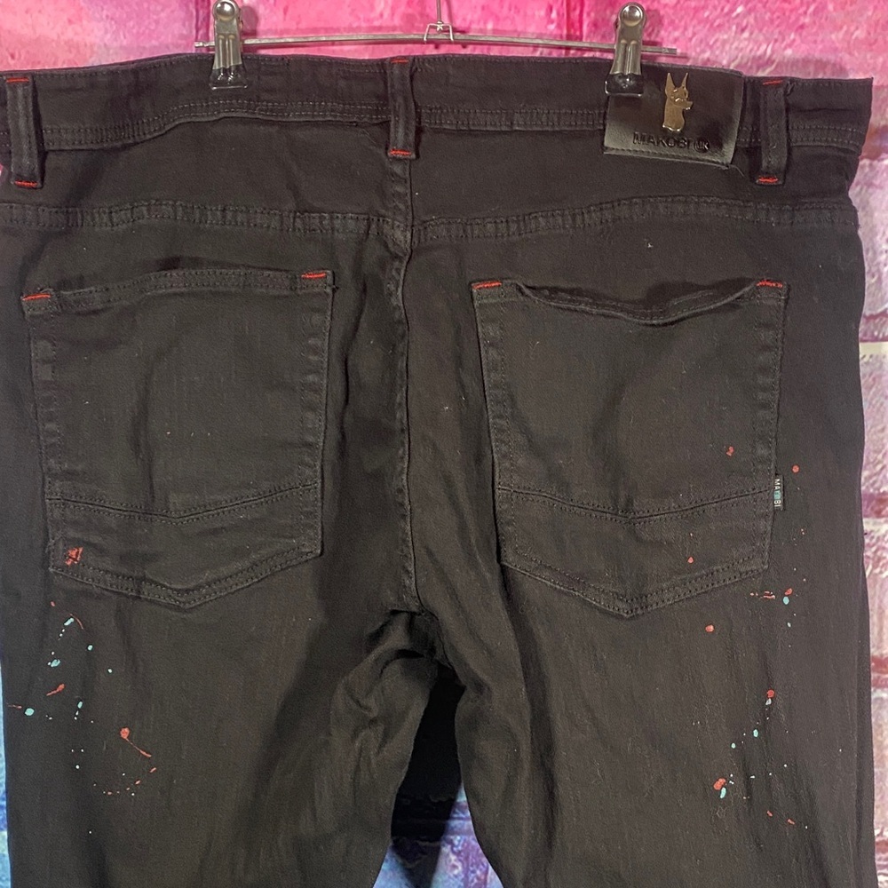 Makobi Distressed Paint Splatter Black Jeans Men’s 40x32 Streetwear Denim - Picture 9 of 13